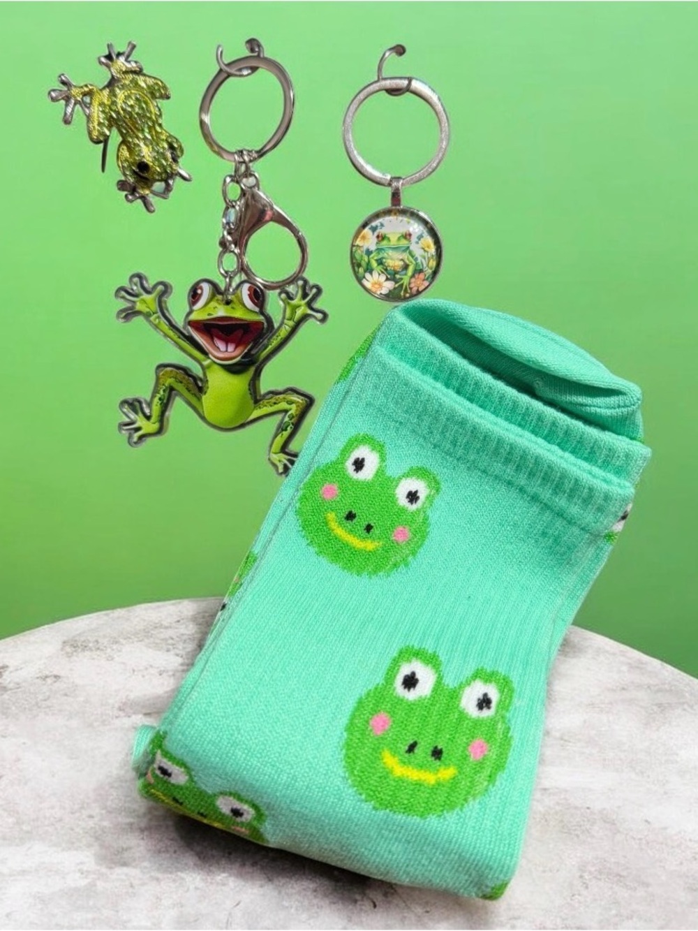 Frog Bundle of 4 Items! 2 Keychains, 1 Brooch and 1 Pair of Crew Socks